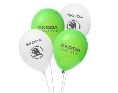 Воздушные шары Skoda в двух цветах: белый и зеленый, пачка 50 шт.