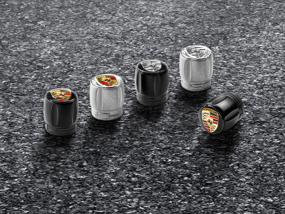 Набор из четырех колпачков для колесных вентилей Porsche, черный корпус / цветной герб