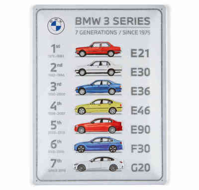 Металлическая пластина BMW 3 Series History Tin Sign, 7 Generations, 30x40cm.